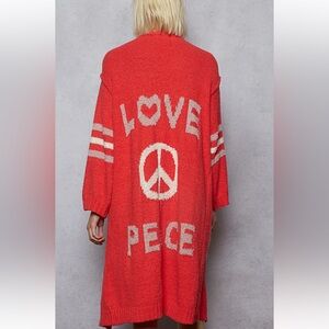 POL Red Love & Peace Cardigan small oversized duster sweater